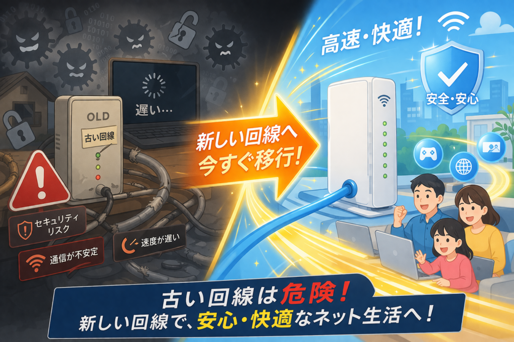 古いインターネット回線の危険性と新しい回線への移行を促すイラスト