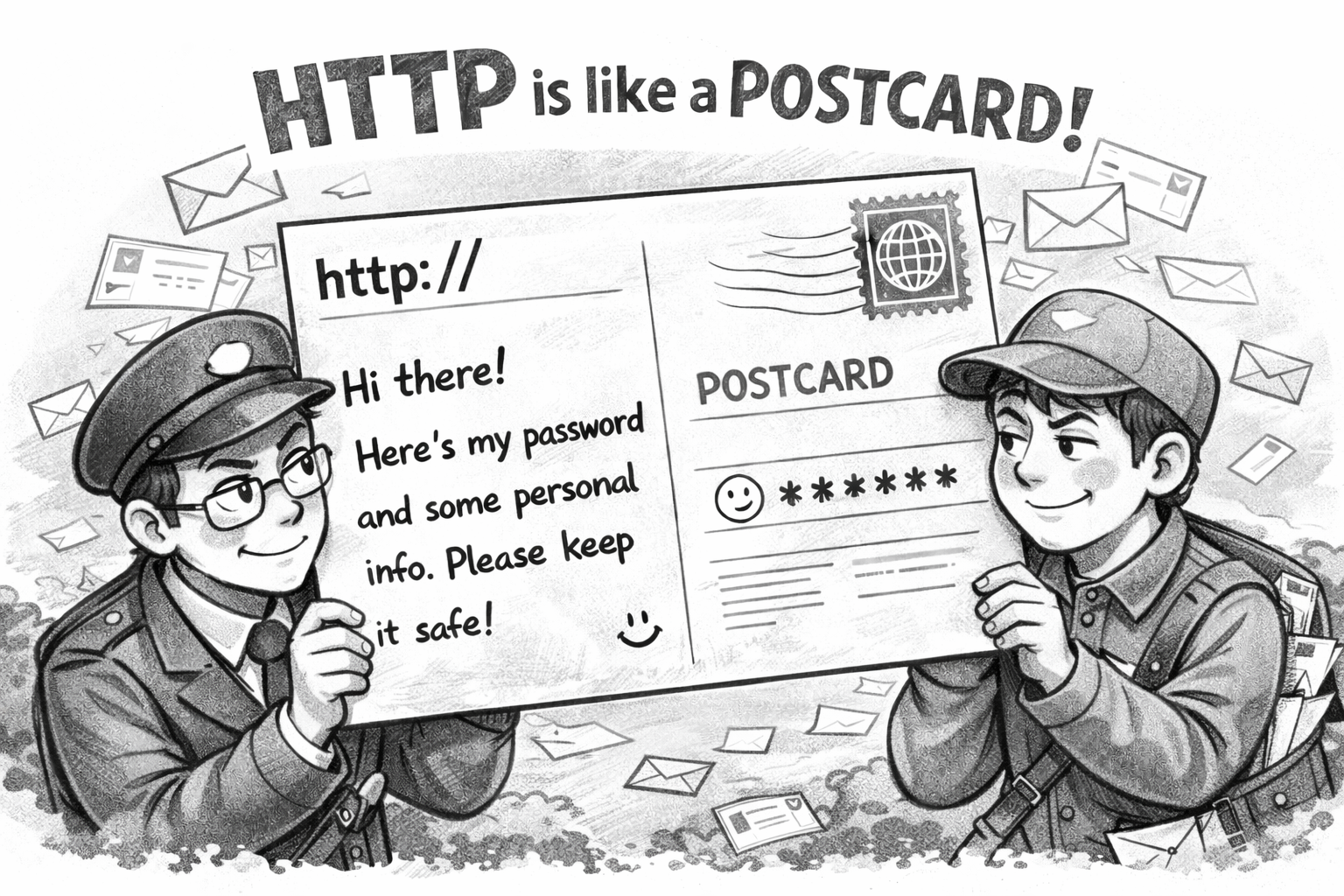 HTTPはハガキのように内容が見えてしまう通信であることを表した鉛筆画イラスト