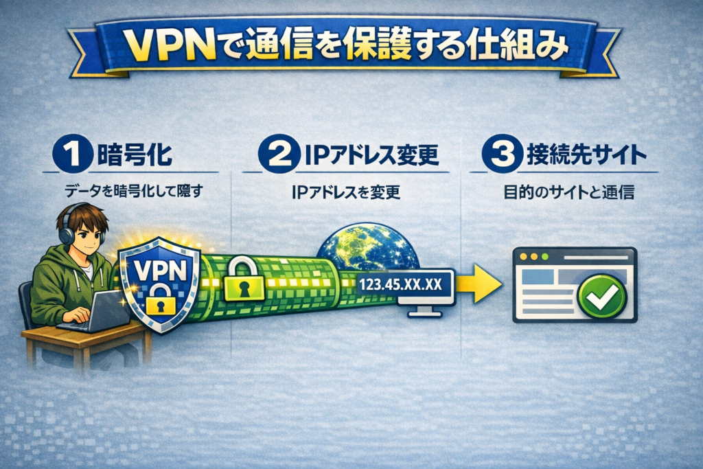 VPNの仕組み図（暗号化→IPアドレス変更→接続先サイト）