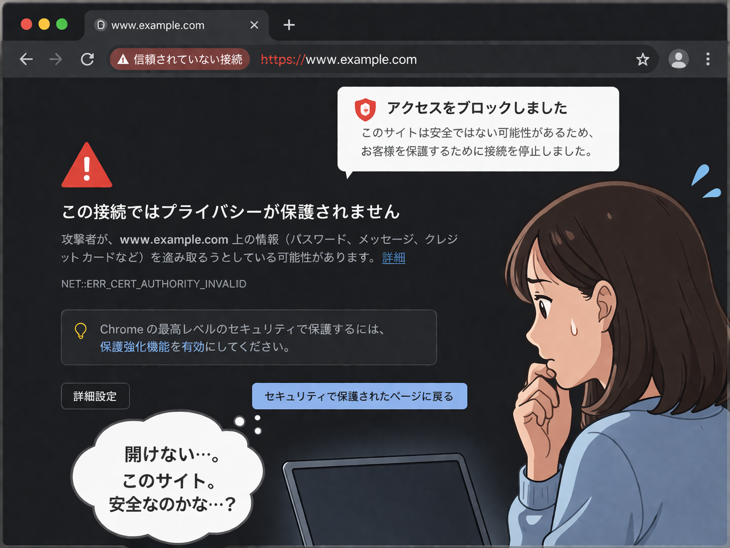 ブラウザーが安全性の問題を検知し、アクセス停止を促すイメージ