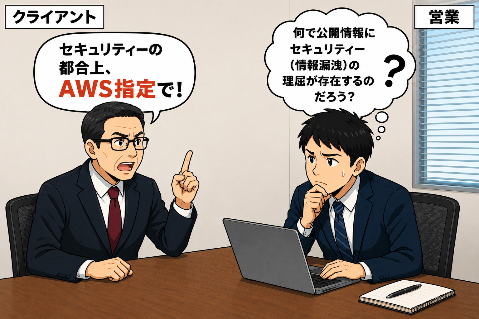 クライアントからセキュリティーの都合上海外サーバー指定でと言われ、営業担当者が公開情報に情報漏洩の理屈があるのか疑問に感じているイメージイラスト