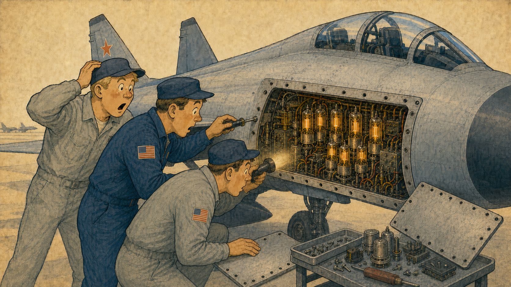 米国整備士がミグ25を分解し、真空管だらけの航空電子機器区画を調査するイラスト