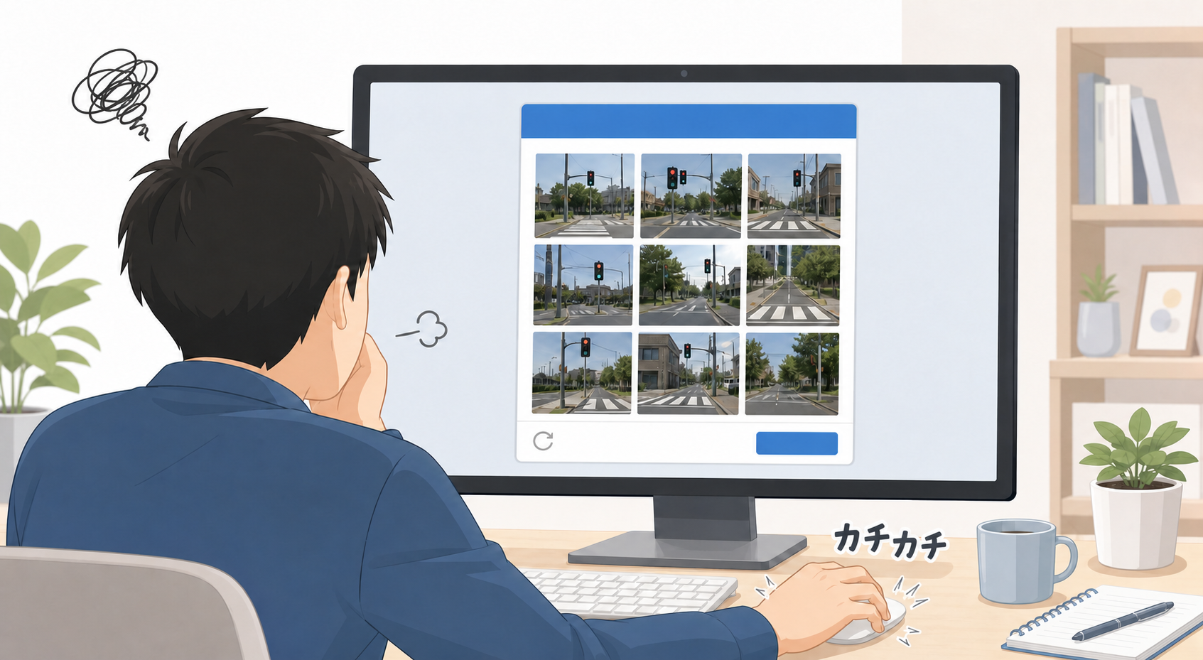 reCAPTCHAの画像選択に苦戦してマウスをクリックするユーザーのイラスト