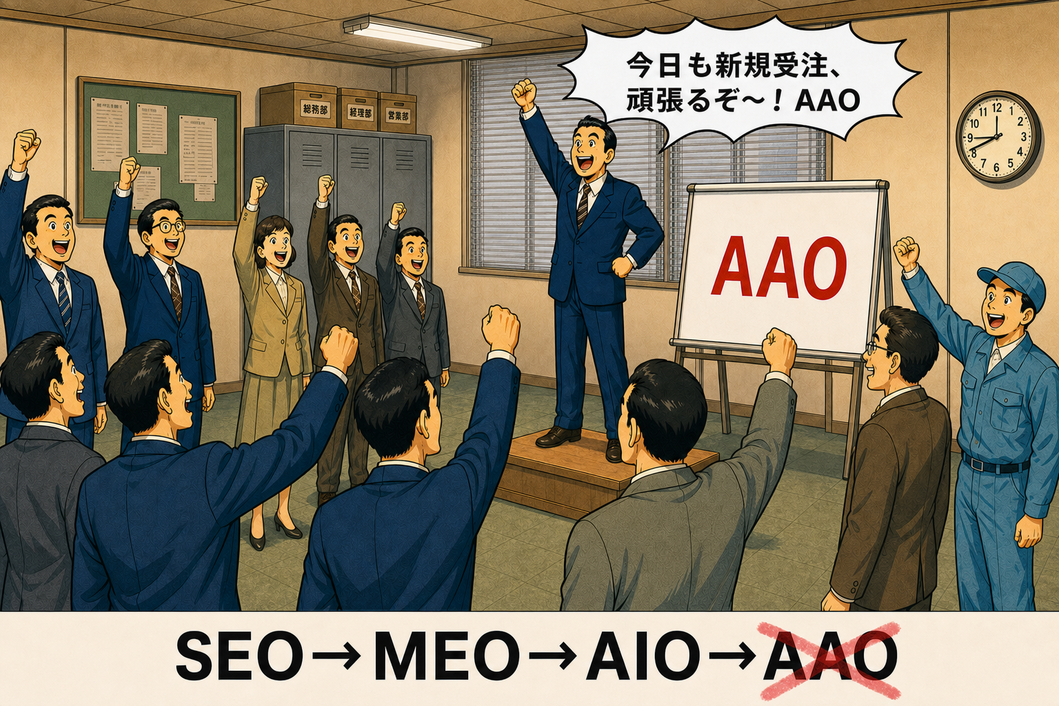 昭和風の会社朝礼で社員が「今日も新規受注、頑張るぞ」と掛け声を上げ、SEO・MEO・AIOの次にあるAAOにバツ印を付けた風刺イラスト