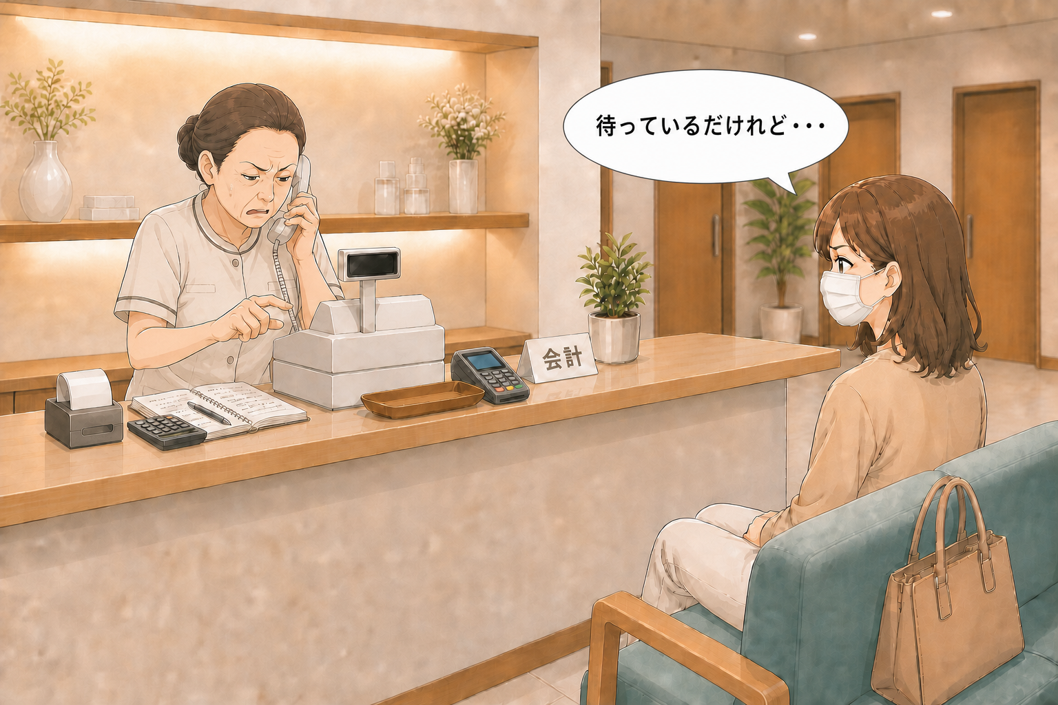 電話対応中の受付スタッフの前で、会計を待つ患者が不満を感じている様子を表したイラスト