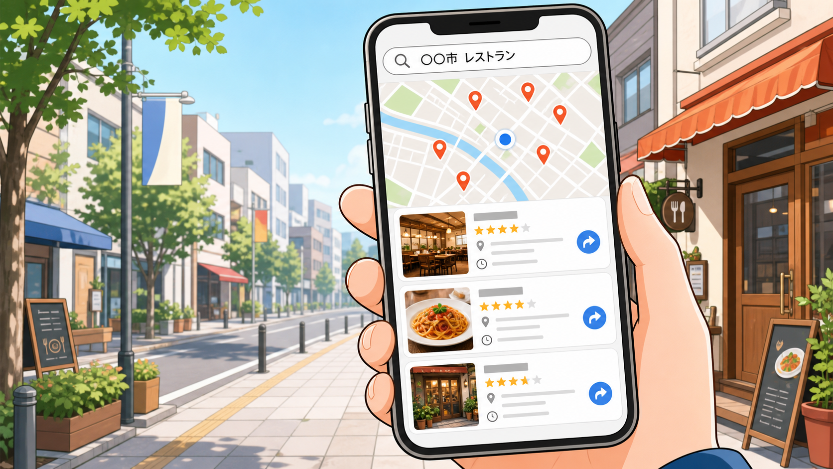 スマートフォンの地図アプリで「〇〇市 レストラン」と検索し、店舗情報や口コミを見ながら行き先を選んでいるイラスト