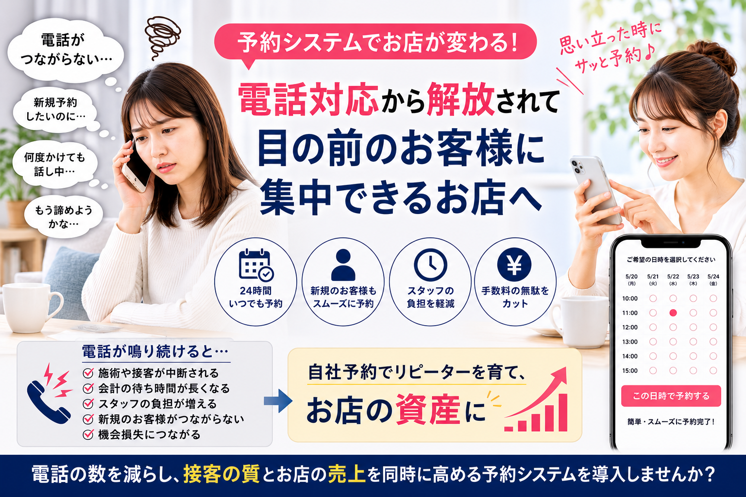 美容室や整体院、サロン経営における予約システムの重要性を表したイメージ