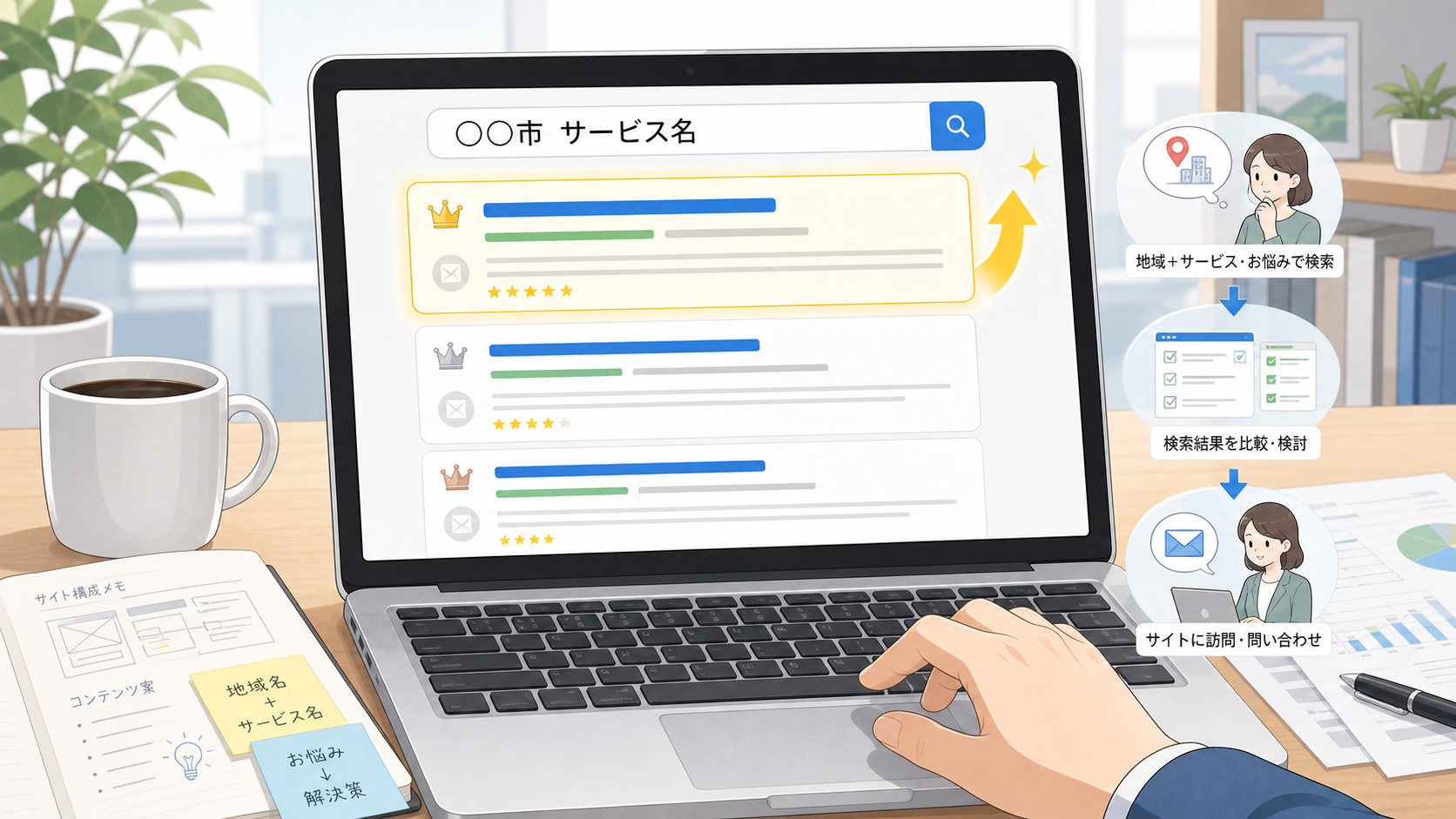 検索エンジンで「〇〇市 サービス名」と検索し、上位表示されたWebサイトから問い合わせにつながる流れを表したSEO対策のイラスト
